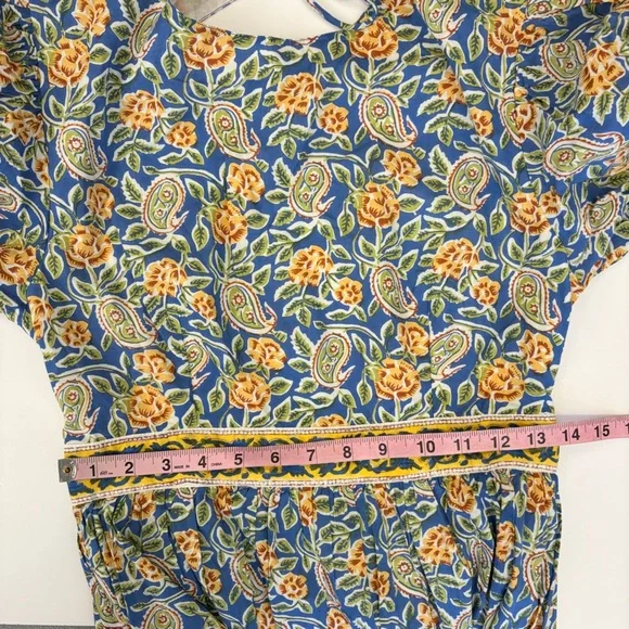 Madison Mathews || Perrin Maxi Dress Open Bsck Block Print Floral Tassels Blue S - Picture 10 of 12